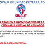 FE DE ERRATAS Y ACLARACION A CONVOCATORIA DE LA ASAMBLEA GENERAL ORDINARIA VIRTUAL DE AFILIADOS